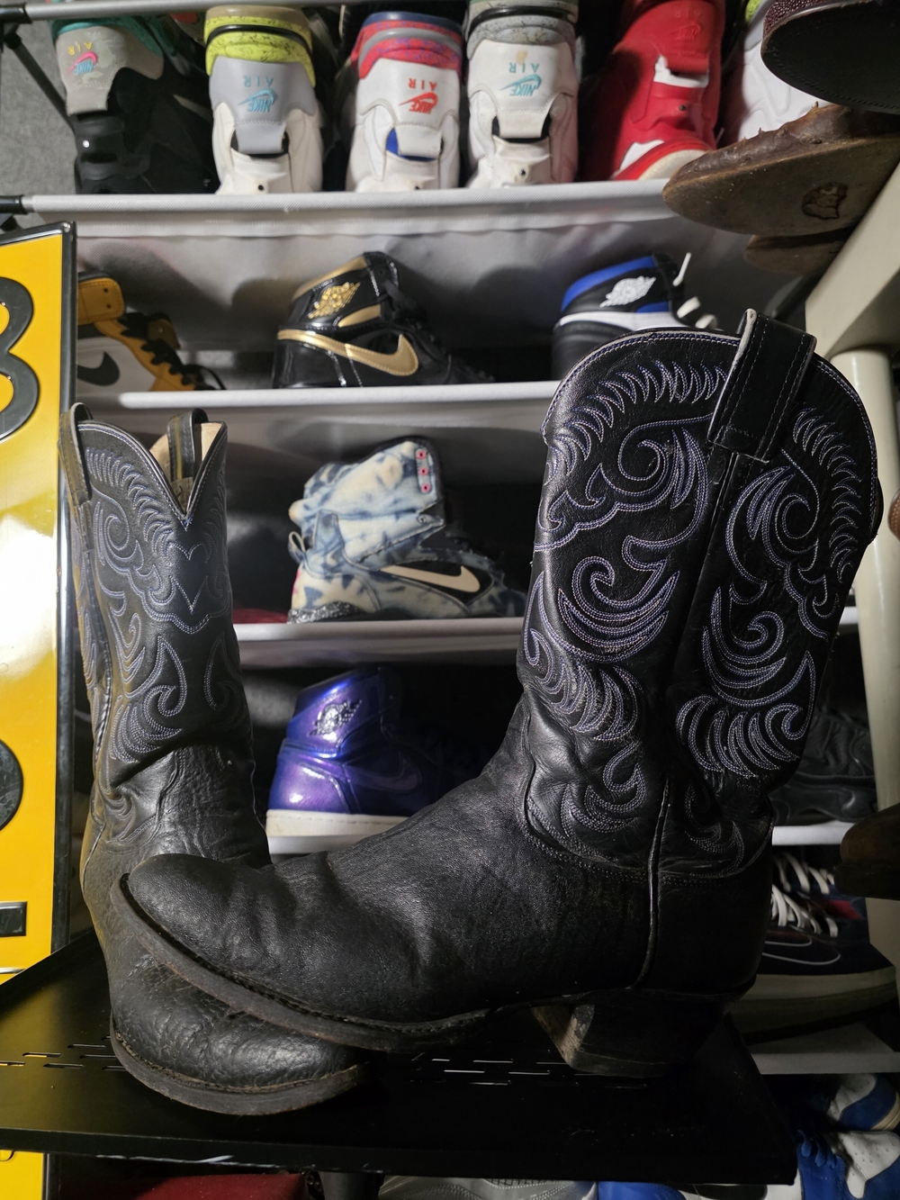 🔥 Olathe Boot Co. Black Bullhide Western Cowboy Boots Blue Stitch Men Size 9.5
